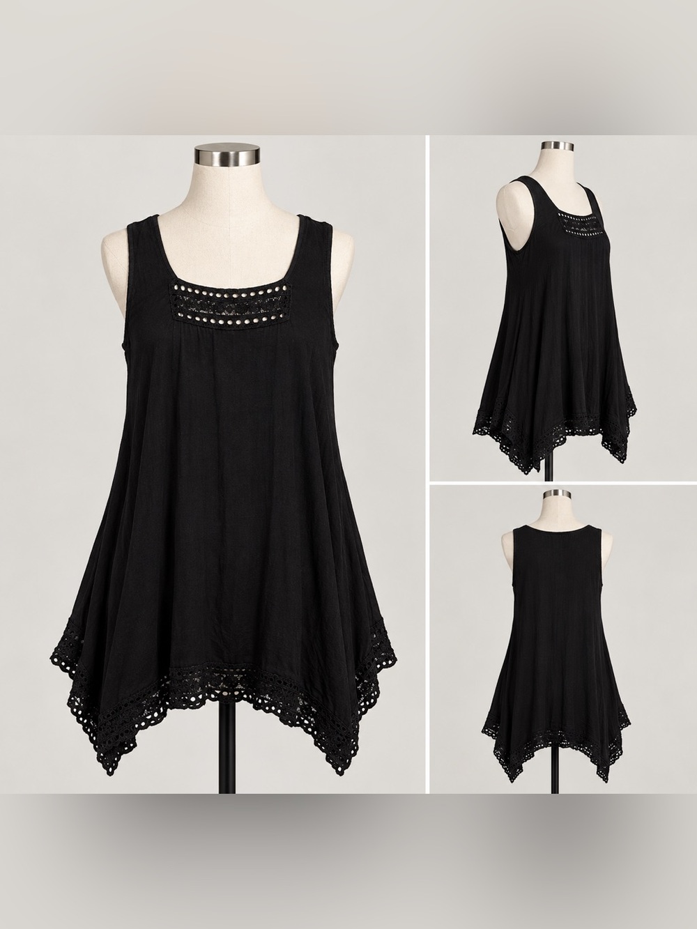 Black Sleeveless Swim Cover-Up Tunic Dress Crochet Hem Womens Large Beach Resort